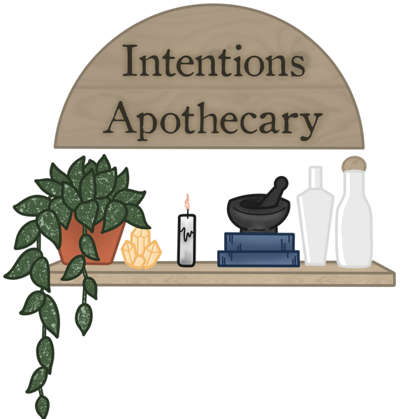 Shelf with decorative items and 'Intentions Apothecary' sign on a white background
